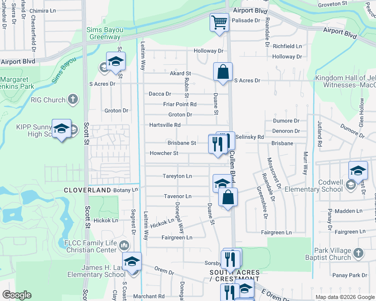 map of restaurants, bars, coffee shops, grocery stores, and more near 4239 Howcher Street in Houston