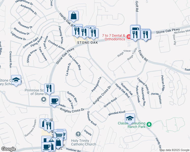 map of restaurants, bars, coffee shops, grocery stores, and more near 21030 Villa Valencia in San Antonio