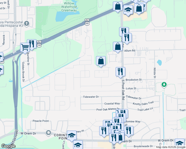map of restaurants, bars, coffee shops, grocery stores, and more near 12927 Arnage Lane in Houston