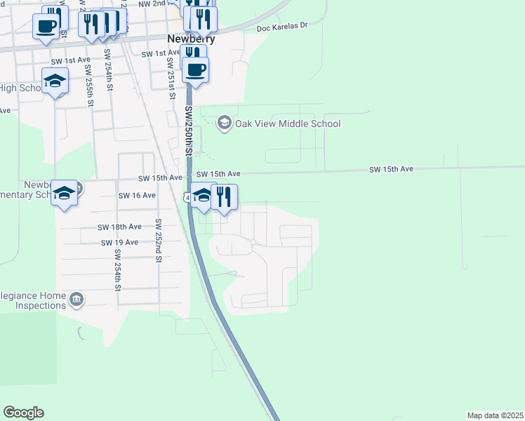 map of restaurants, bars, coffee shops, grocery stores, and more near 24572 Southwest 17th Place in Newberry