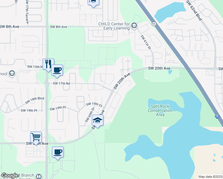 map of restaurants, bars, coffee shops, grocery stores, and more near 6598 Southwest 24th Avenue in Gainesville