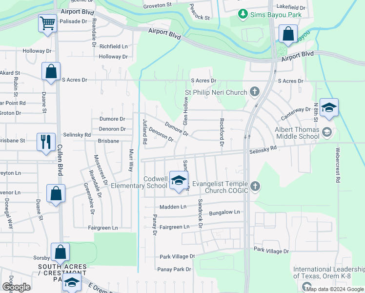 map of restaurants, bars, coffee shops, grocery stores, and more near 11311 Sandhurst Drive in Houston