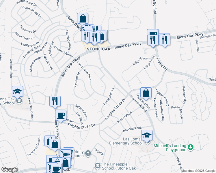map of restaurants, bars, coffee shops, grocery stores, and more near 422 Marbella Vista in San Antonio