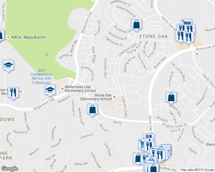 map of restaurants, bars, coffee shops, grocery stores, and more near 1539 Crescent Glen in San Antonio
