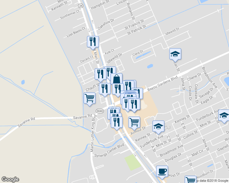 map of restaurants, bars, coffee shops, grocery stores, and more near 5801 Park Avenue in Houma