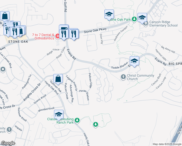 map of restaurants, bars, coffee shops, grocery stores, and more near 22202 Pelican Edge in San Antonio