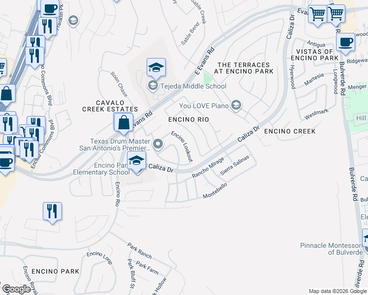 map of restaurants, bars, coffee shops, grocery stores, and more near 21326 Encino Caliza in San Antonio