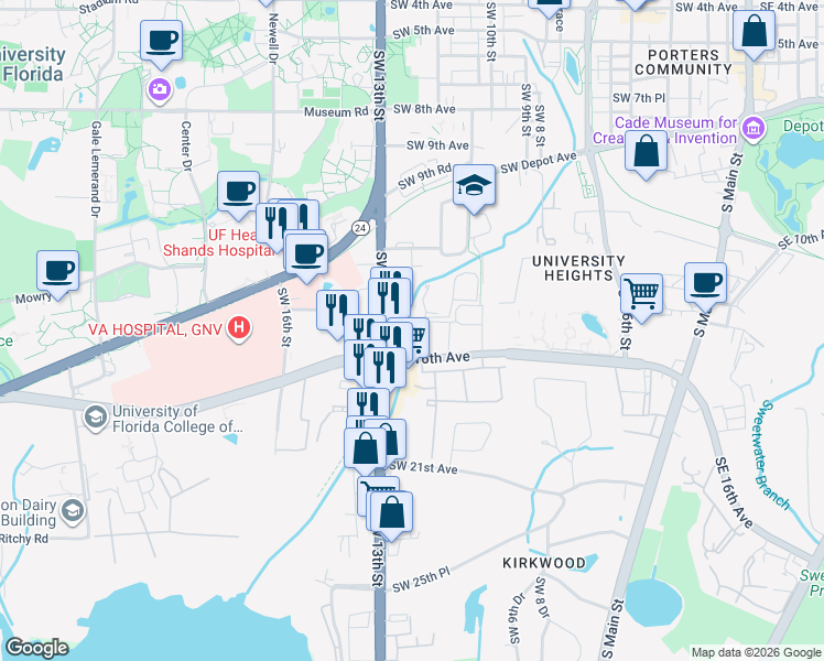 map of restaurants, bars, coffee shops, grocery stores, and more near 1210 Southwest 16th Avenue in Gainesville