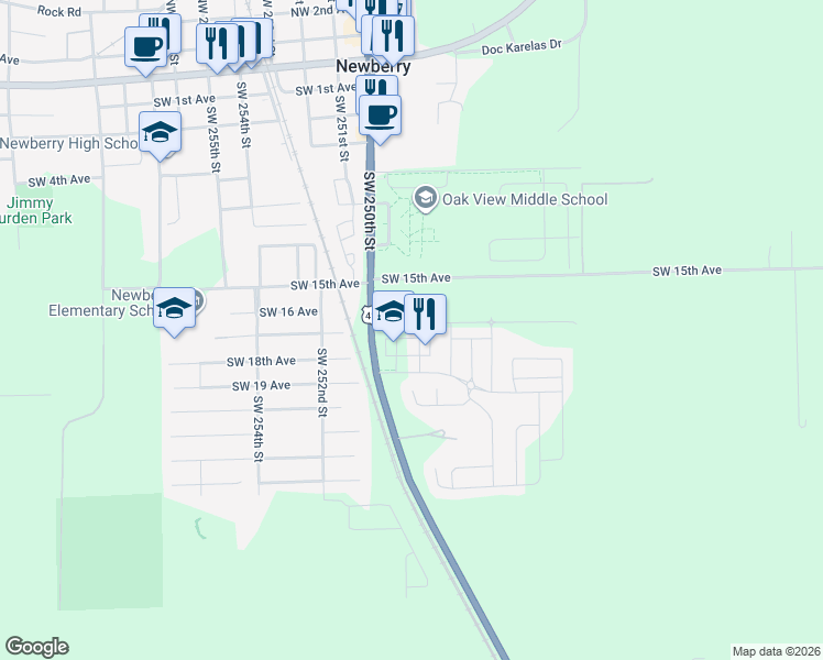 map of restaurants, bars, coffee shops, grocery stores, and more near 1739 Southwest 248th Drive in Newberry