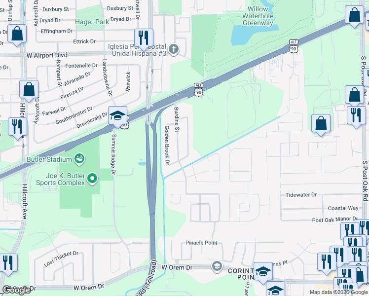 map of restaurants, bars, coffee shops, grocery stores, and more near 12731 Burdine Street in Houston