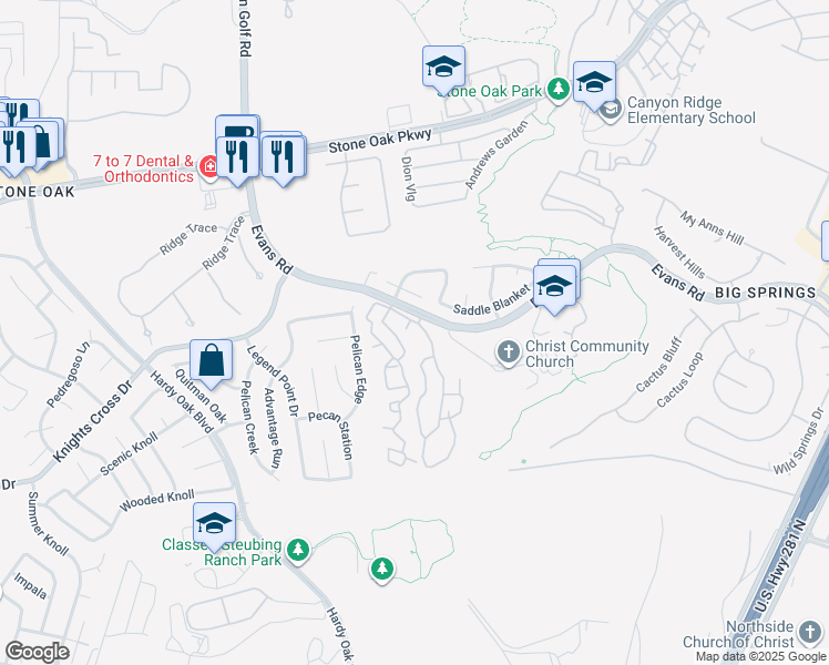 map of restaurants, bars, coffee shops, grocery stores, and more near 1234 Evans Road in San Antonio