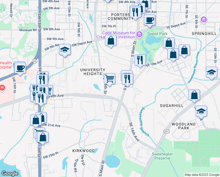 map of restaurants, bars, coffee shops, grocery stores, and more near 300 Southwest 16th Avenue in Gainesville