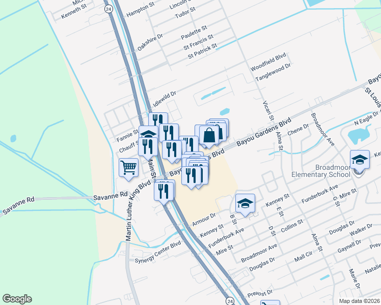 map of restaurants, bars, coffee shops, grocery stores, and more near 123 Bayou Gardens Boulevard in Houma