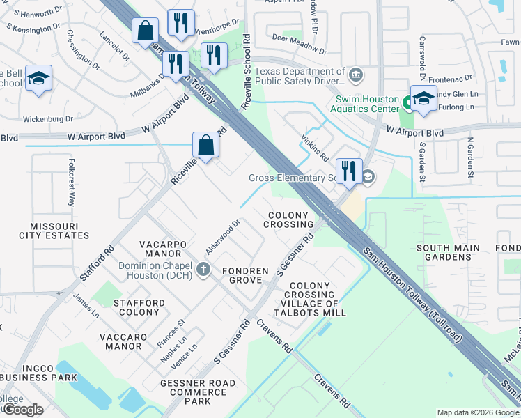 map of restaurants, bars, coffee shops, grocery stores, and more near 16514 Lacey Lane in Missouri City