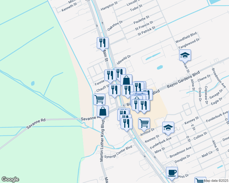 map of restaurants, bars, coffee shops, grocery stores, and more near in Houma