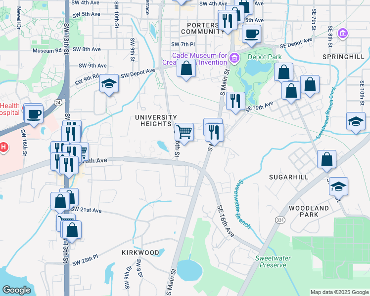 map of restaurants, bars, coffee shops, grocery stores, and more near 300 Southwest 16th Avenue in Gainesville