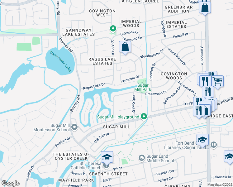 map of restaurants, bars, coffee shops, grocery stores, and more near 13935 Drakewood Drive in Sugar Land