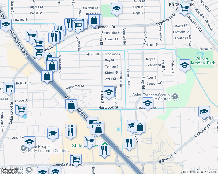 map of restaurants, bars, coffee shops, grocery stores, and more near 10301 Hartsook Street in Houston