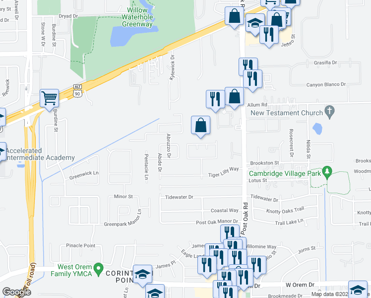 map of restaurants, bars, coffee shops, grocery stores, and more near 12918 Nightshade Crest Lane in Houston