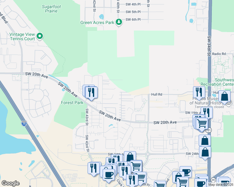 map of restaurants, bars, coffee shops, grocery stores, and more near 4022 Southwest 17 Lane in Gainesville