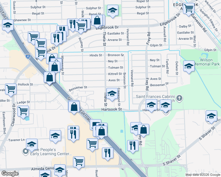 map of restaurants, bars, coffee shops, grocery stores, and more near 10301 Hartsook Street in Houston