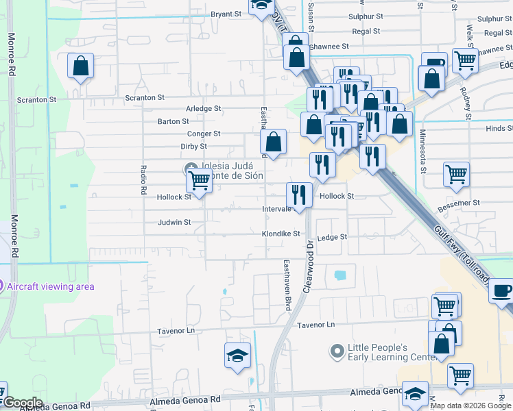 map of restaurants, bars, coffee shops, grocery stores, and more near 9314 Intervale Street in Houston