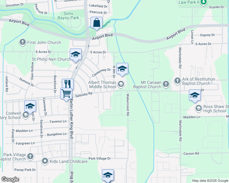 map of restaurants, bars, coffee shops, grocery stores, and more near 5650 Selinsky Road in Houston