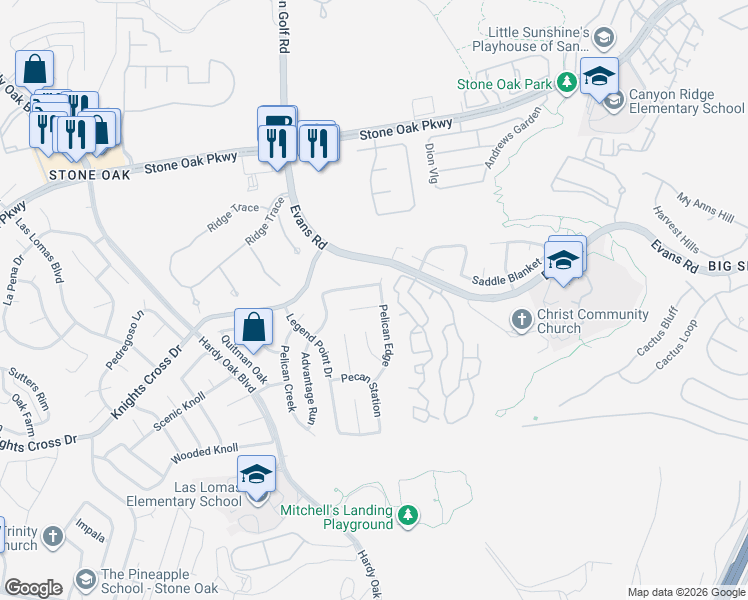 map of restaurants, bars, coffee shops, grocery stores, and more near 22122 Pelican Edge in San Antonio
