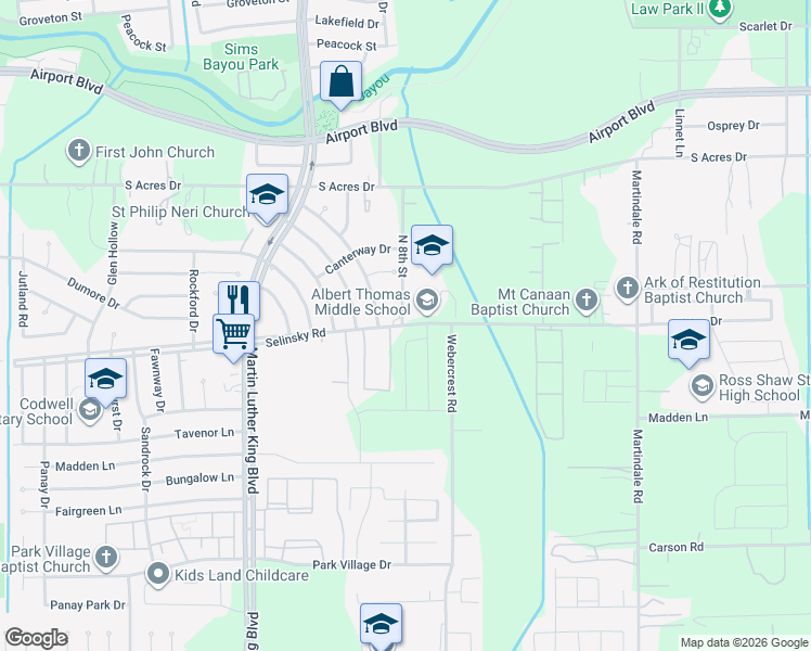 map of restaurants, bars, coffee shops, grocery stores, and more near 5650 Selinsky Road in Houston