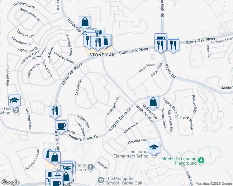 map of restaurants, bars, coffee shops, grocery stores, and more near 20950 Pedregoso Lane in San Antonio