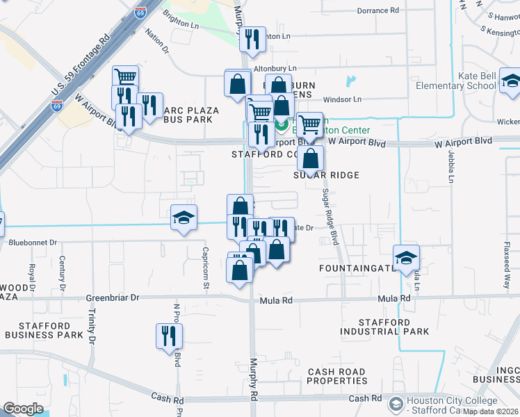 map of restaurants, bars, coffee shops, grocery stores, and more near 12725 Murphy Road in Stafford