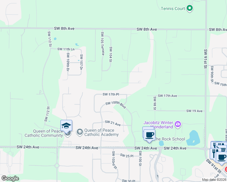 map of restaurants, bars, coffee shops, grocery stores, and more near 10317 Southwest 17 Place in Gainesville