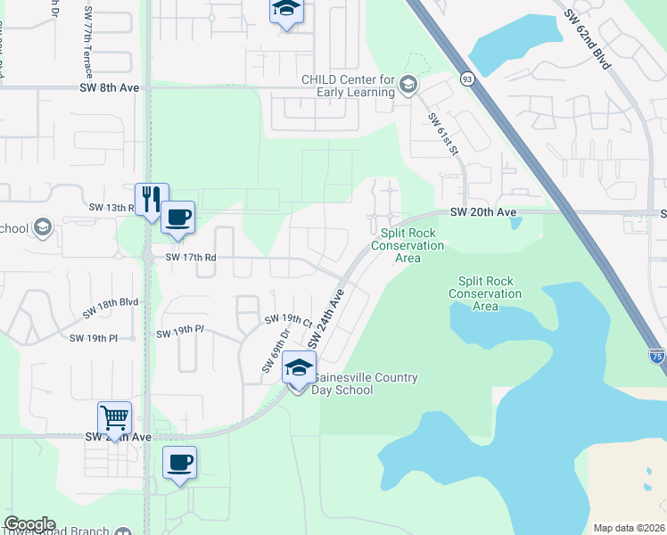 map of restaurants, bars, coffee shops, grocery stores, and more near 6598 Southwest 24th Avenue in Gainesville