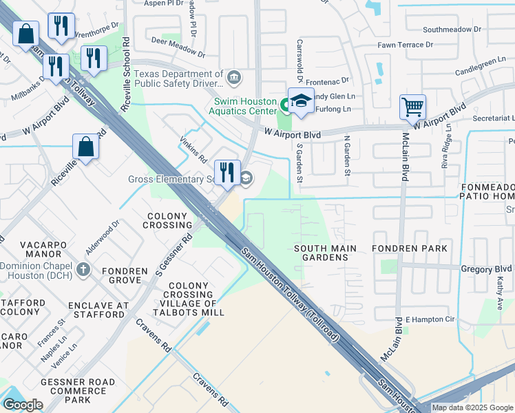 map of restaurants, bars, coffee shops, grocery stores, and more near 10014 South Sam Houston Parkway West in Houston