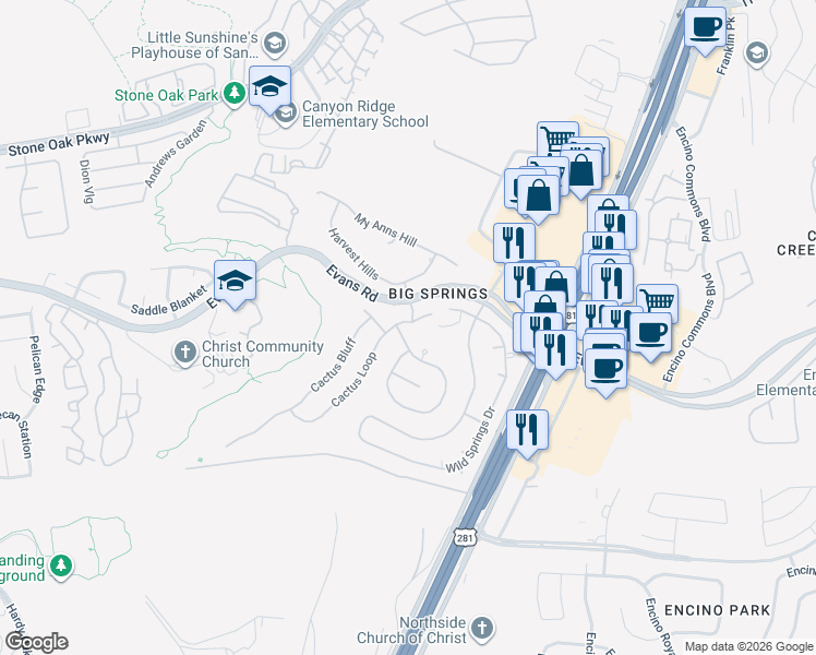 map of restaurants, bars, coffee shops, grocery stores, and more near 20907 Cactus Peak in San Antonio