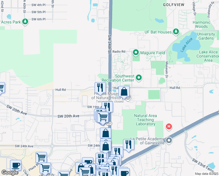 map of restaurants, bars, coffee shops, grocery stores, and more near Hull Road in Gainesville