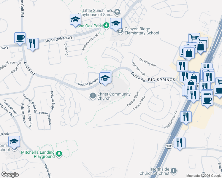 map of restaurants, bars, coffee shops, grocery stores, and more near 1500 Evans Road in San Antonio