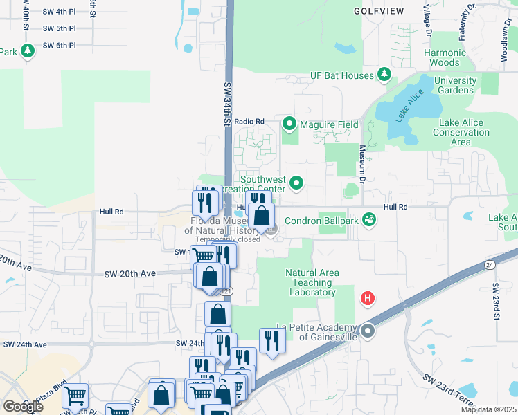 map of restaurants, bars, coffee shops, grocery stores, and more near Hull Road in Gainesville