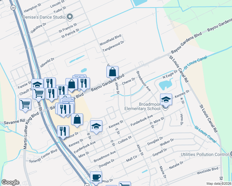 map of restaurants, bars, coffee shops, grocery stores, and more near Cambridge Cir in Houma
