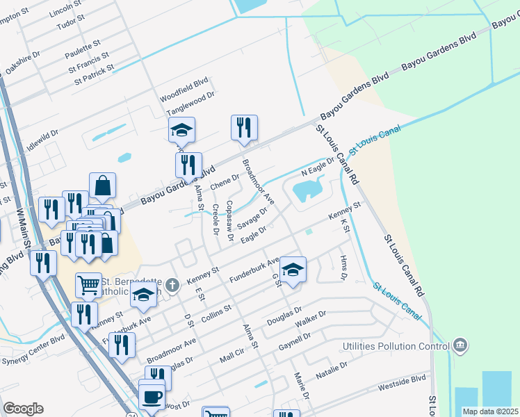 map of restaurants, bars, coffee shops, grocery stores, and more near 904-922 Savage Drive in Houma