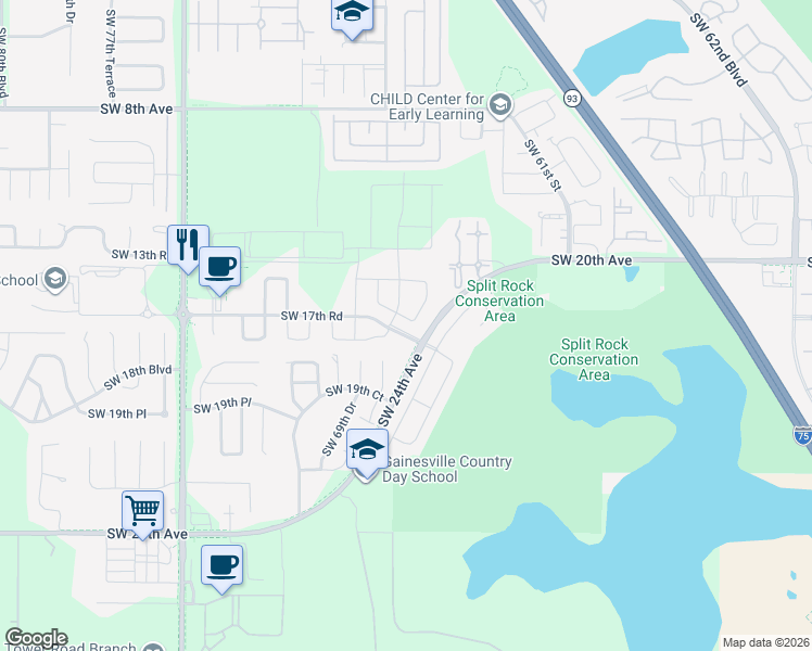 map of restaurants, bars, coffee shops, grocery stores, and more near 6598 Southwest 24th Avenue in Gainesville