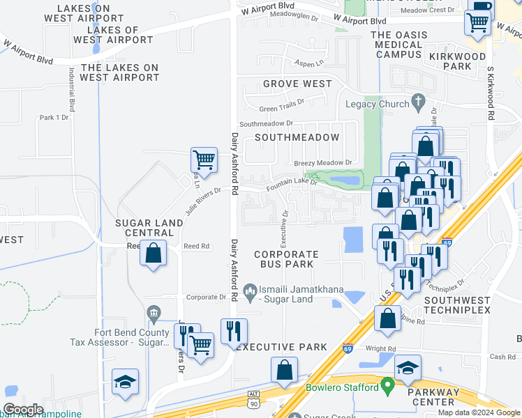 map of restaurants, bars, coffee shops, grocery stores, and more near 10498 Fountain Lake Drive in Stafford
