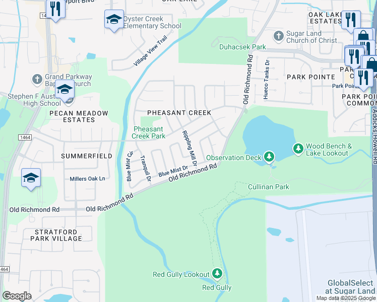 map of restaurants, bars, coffee shops, grocery stores, and more near 2702 Blue Mist Drive in Sugar Land
