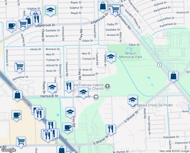 map of restaurants, bars, coffee shops, grocery stores, and more near 10618 Ambursen Street in Houston