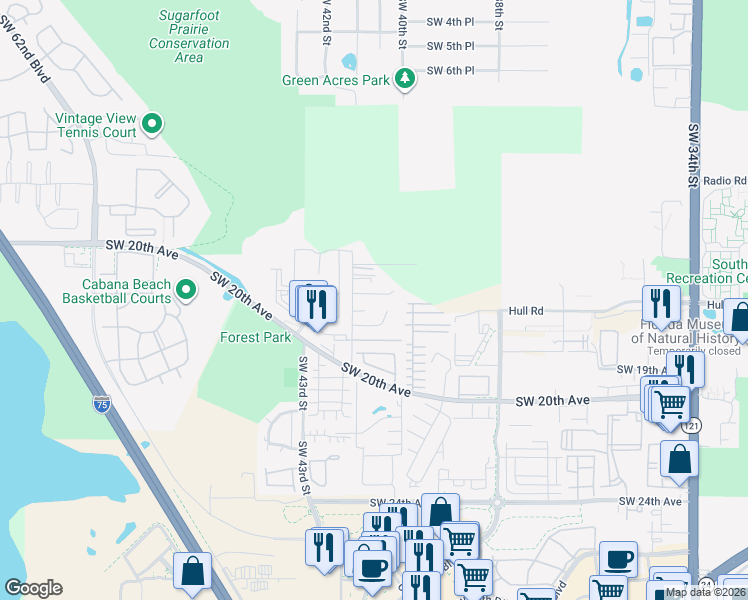 map of restaurants, bars, coffee shops, grocery stores, and more near 4112 Southwest 15 Place in Gainesville