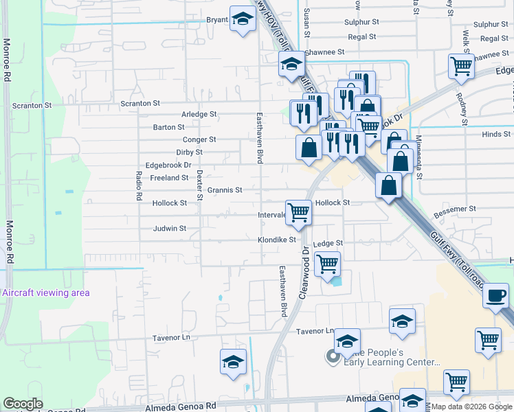map of restaurants, bars, coffee shops, grocery stores, and more near 9406 Grannis Street in Houston