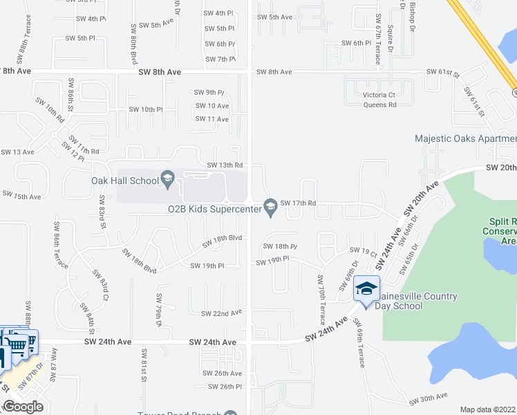 map of restaurants, bars, coffee shops, grocery stores, and more near 7485 Southwest 17th Road in Gainesville