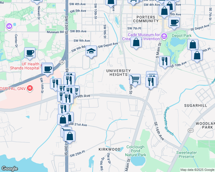 map of restaurants, bars, coffee shops, grocery stores, and more near 716 Southwest 16th Avenue in Gainesville