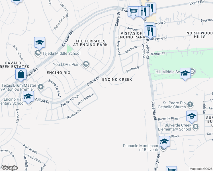 map of restaurants, bars, coffee shops, grocery stores, and more near 21531 Vista de Cristal in San Antonio
