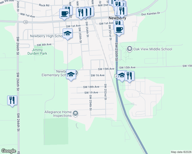 map of restaurants, bars, coffee shops, grocery stores, and more near 25317 Southwest 16th Avenue in Newberry
